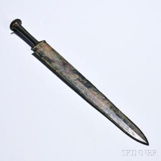 Appraisal: Bronze Double-edged Dagger China with lozenge-shape cross-guard tubular grip and