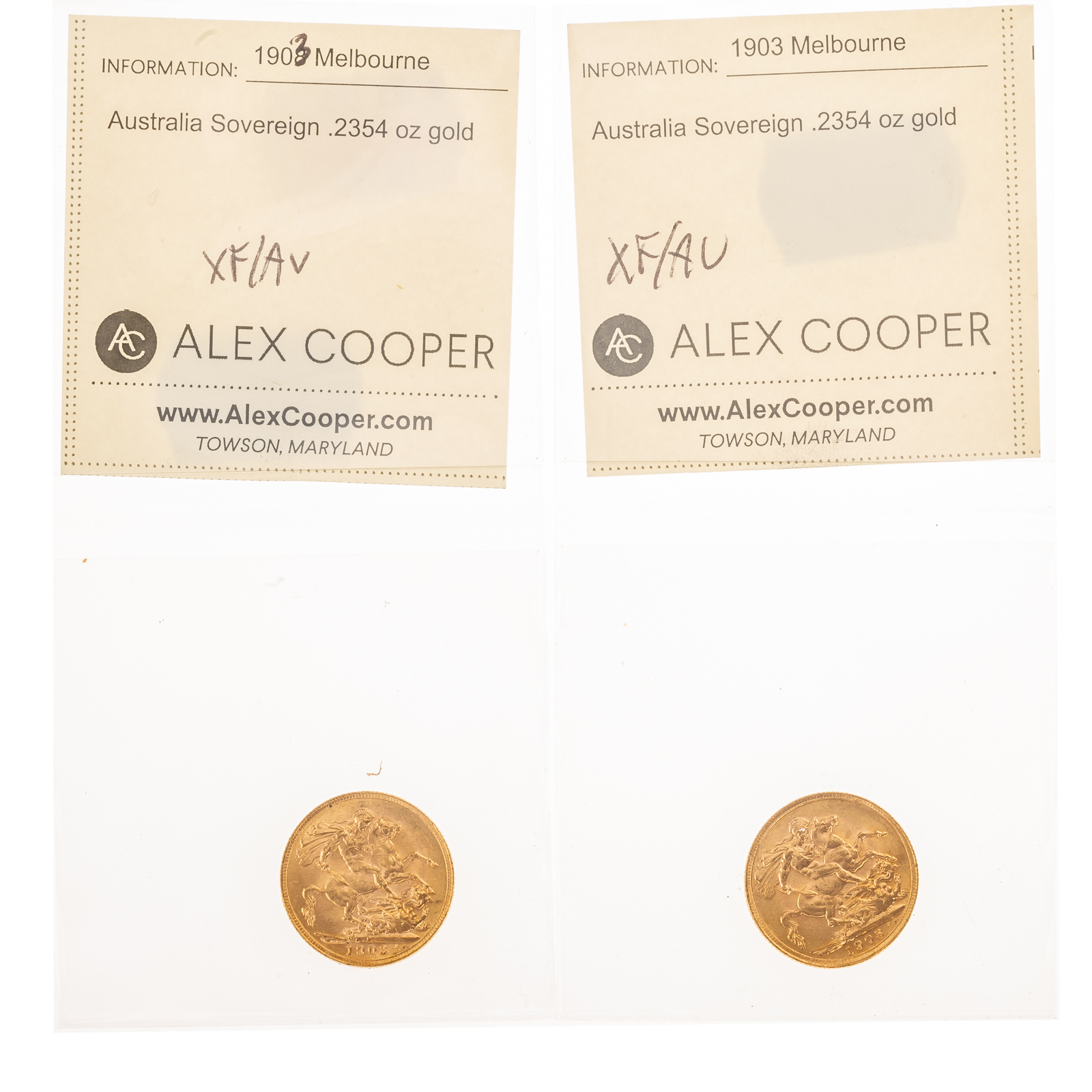 Appraisal: TWO MELBOURNE MINT GOLD SOVEREIGNS XF AU OzT x