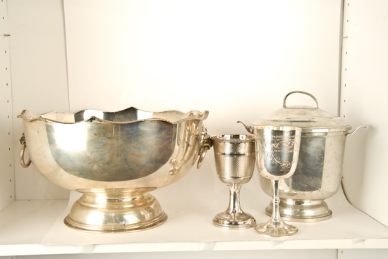 Appraisal: Pieces Silverplate Punchbowl H dia Goblets Ice Bucket H