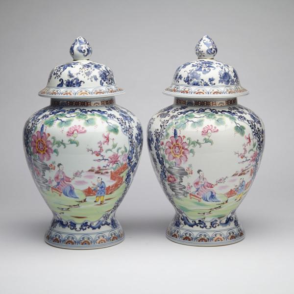 Appraisal: Pair of Famille Rose Baluster Vases and Covers With broad