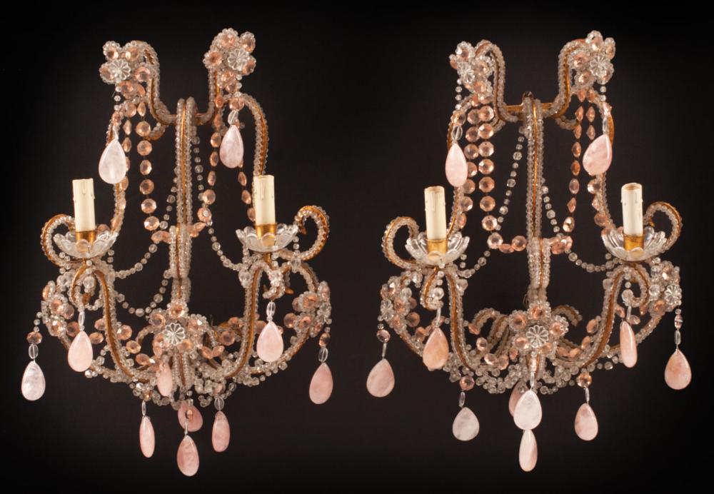 Appraisal: Pair of Italian Cut Crystal and Rose Quartz Two-Light Sconces