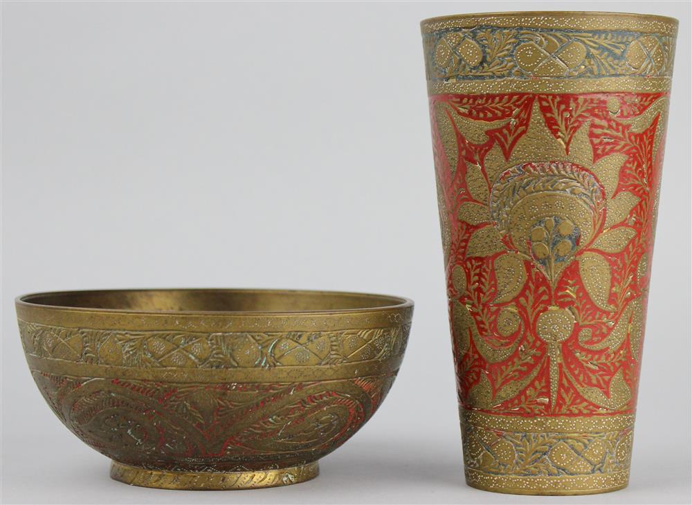 Appraisal: ISLAMIC STYLE BRASS CUP AND BOWL with red and green