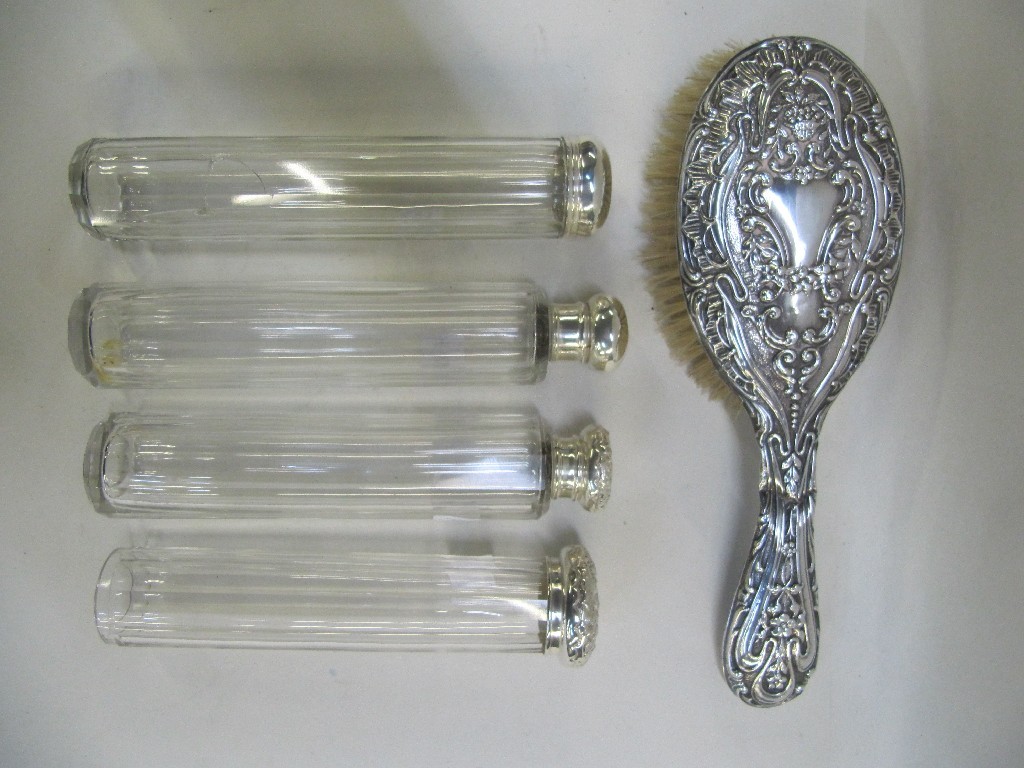 Appraisal: Lot comprising silver backed brush and silver topped jars assorted