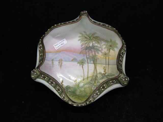 Appraisal: Nippon Porcelain Nut Bowl moriage satin landscape with boats mountains