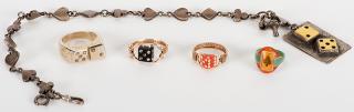 Appraisal: Five Pieces of Vintage Gambling-Themed Jewelry Including a Lucky sterling