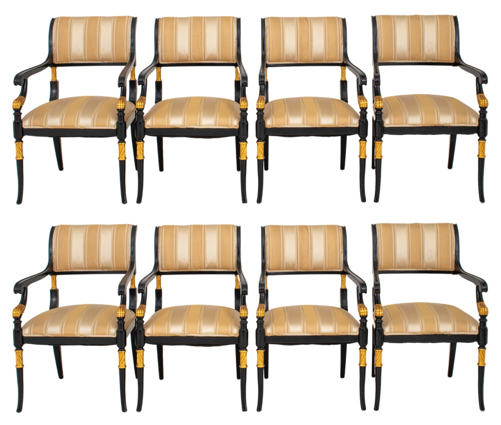 Appraisal: REGENCY STYLE EBONIZED PARCEL GILT ARM CHAIRS Regency style ebonized