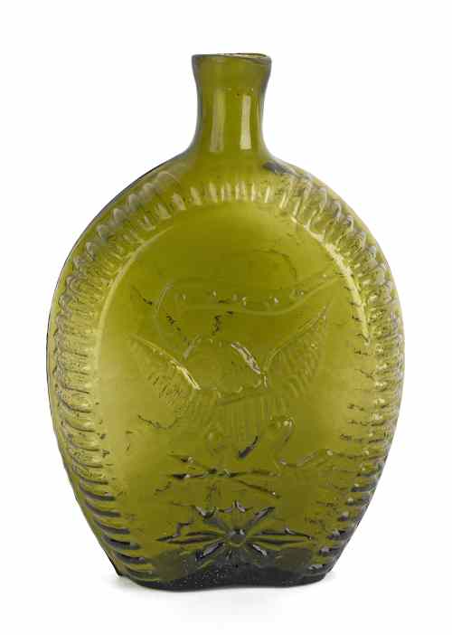 Appraisal: Kentucky glassworks double eagle yellow olive flask ca h