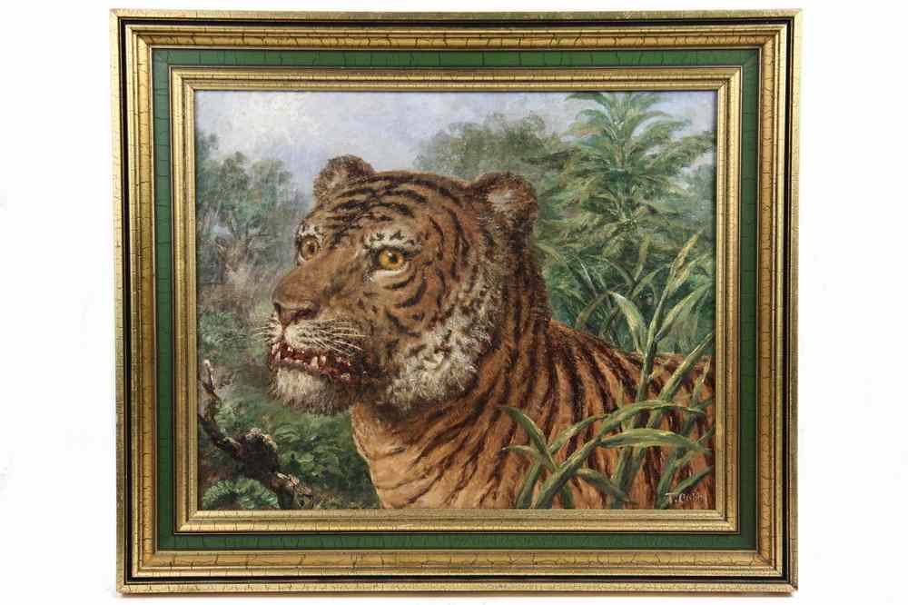 Appraisal: OOC- Depicting tiger in jungle th c signed lr 'T