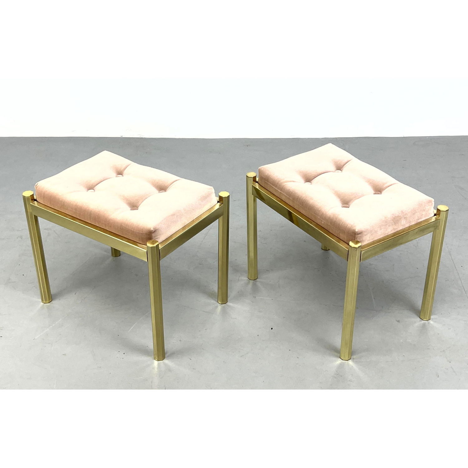 Appraisal: Pr Brass Frame Modernist Benches Stools Peach fabric tufted seat