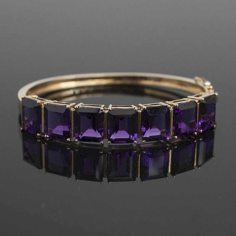 Appraisal: Amethyst k Bracelet Synthetic amethyst k hinged bracelet containing seven