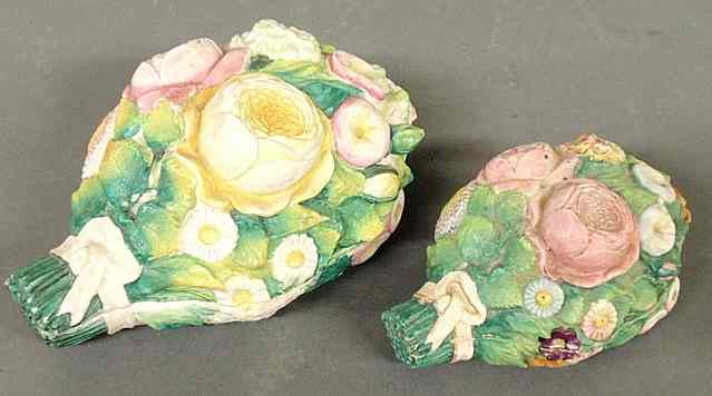 Appraisal: Two porcelain covered dresser boxes in flower bouquet form largest