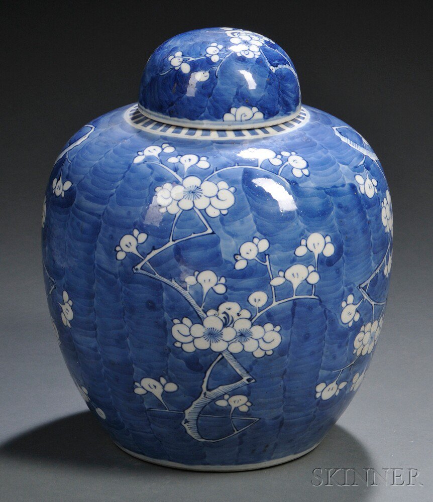 Appraisal: Blue and White Prunus Covered Jar China th th century