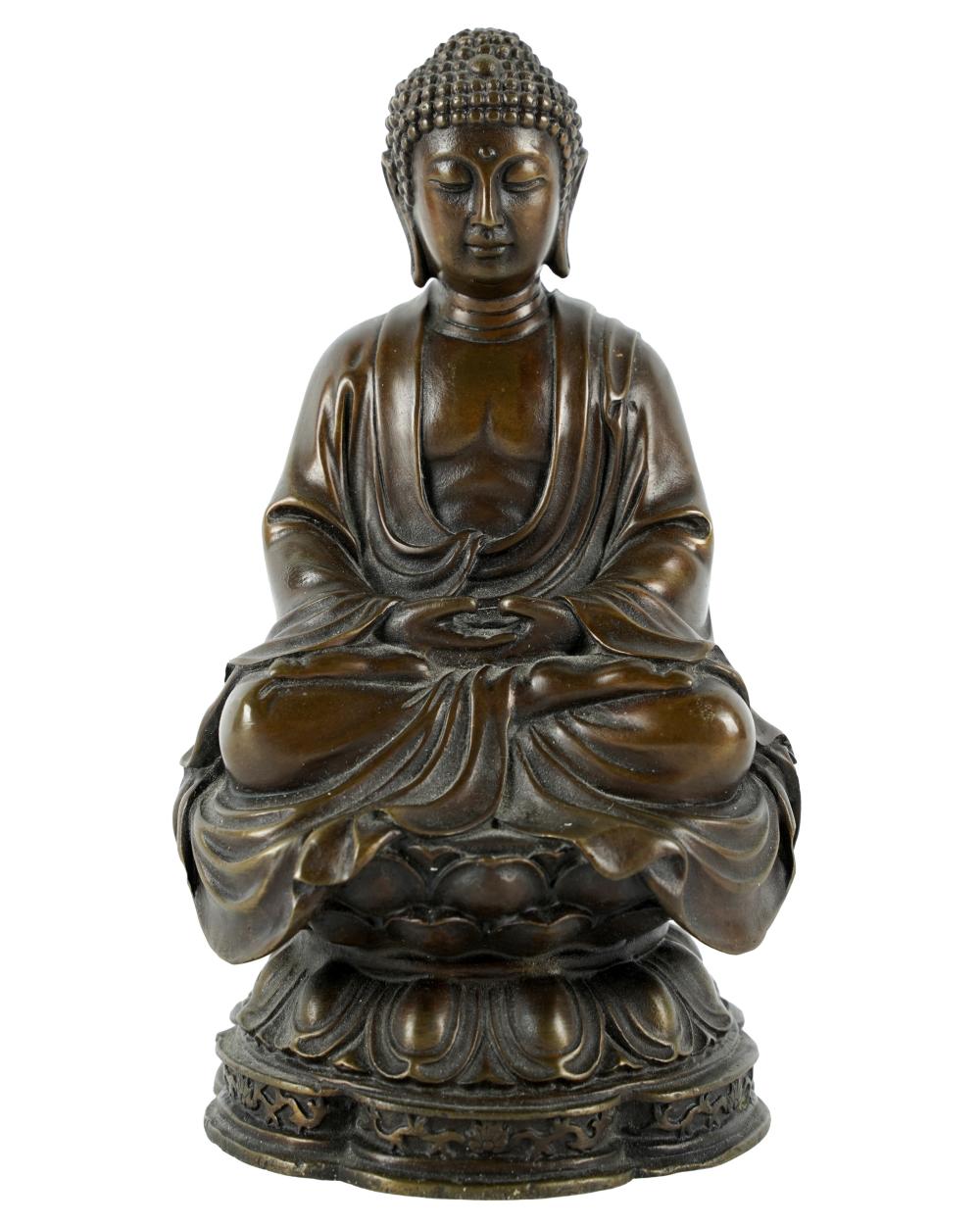 Appraisal: BRONZE BUDDHA FIGURE th century unsigned on lotus style integral