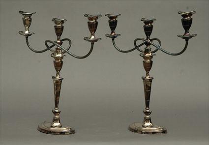 Appraisal: Pair of George III-Style Silverplate Three-Light Candelabra Each x in