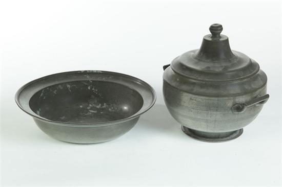 Appraisal: THREE PIECES OF PEWTER European th century Double handled serving