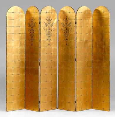 Appraisal: Pair arched three-panel room screens each gilt with red and