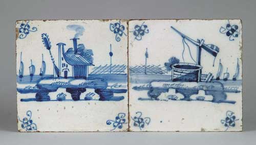 Appraisal: TWO BLUE AND WHITE DELFT TILES One with well scene