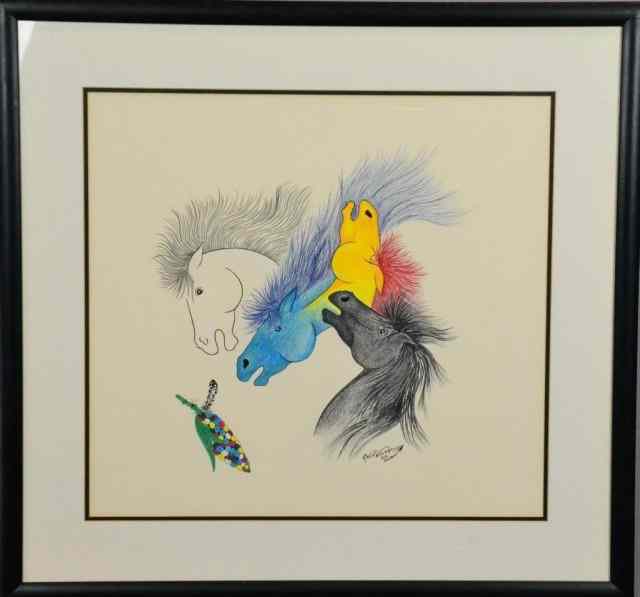 Appraisal: R WILLIE WATERIDGE PRINT OF HORSESFour multicolored horseheads with colorful