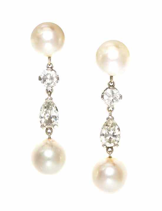 Appraisal: A Pair of White Gold Cultured Pearl and Diamond Drop