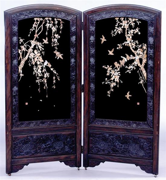 Appraisal: Chinese ivory and mother-of-pearl screen th century two-panel carved hardwood