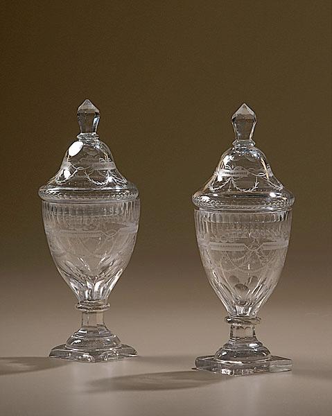 Appraisal: ANGLO-IRISH CUT GLASS CHESTNUT URNS ca - Two Anglo-Irish colorless