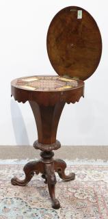 Appraisal: Victorian burl walnut sewing table having a round hinged top