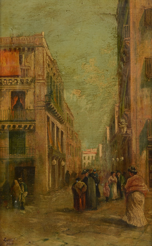 Appraisal: SPANISH STREET SCENE PAINTING SIGNED LORIA Oil Canvas '' x