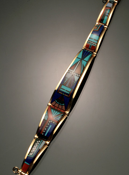 Appraisal: Native American -Karat Yellow-Gold and Semi-Precious Stone Inlaid Flexible Bracelet