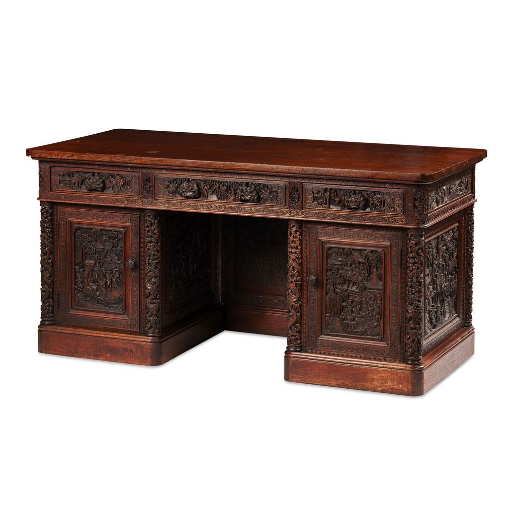 Appraisal: ANGLO-CHINESE CARVED HONGMU PEDESTAL DESK LATE TH EARLY TH CENTURY