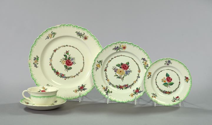 Appraisal: Fifty-Seven-Piece Wedgwood Green Feather-Edged and Floral-Decorated Queen's Ware Partial Dinner