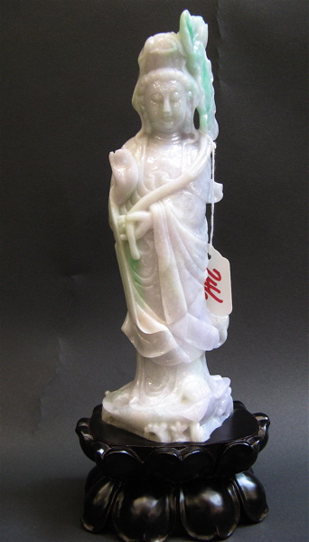 Appraisal: LAVENDER JADEITE FIGURE OF GUANYIN standing with upraised palm holding