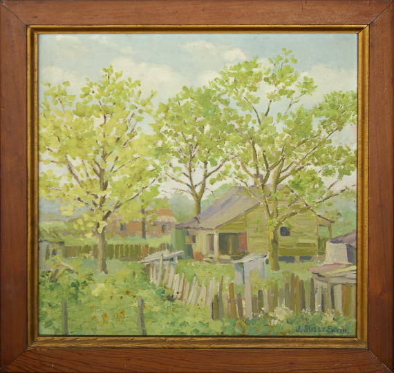 Appraisal: J Sally Smyth American th Century Country Cabins oil on