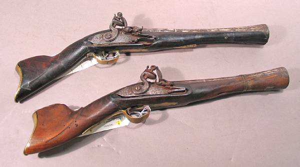 Appraisal: A lot of two Turkish flintlock blunderbuss knee pistolsearly th