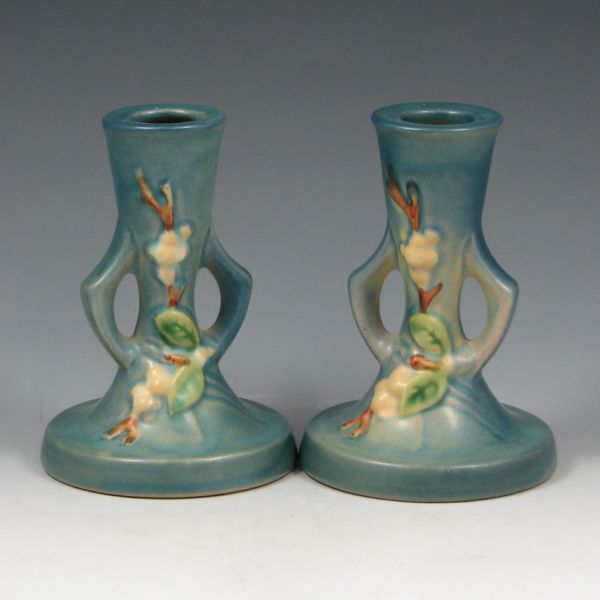 Appraisal: Pair of blue Roseville Snowberry candleholders Marked Roseville USA CS