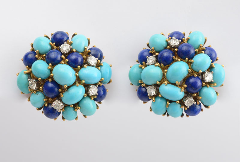 Appraisal: PAIR OF VINTAGE K YELLOW GOLD TURQUOISE LAPIS AND DIAMOND