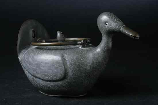 Appraisal: CHINESE PEWTER MANDARIN DUCK-FORM TEA POT Late th Early Republic