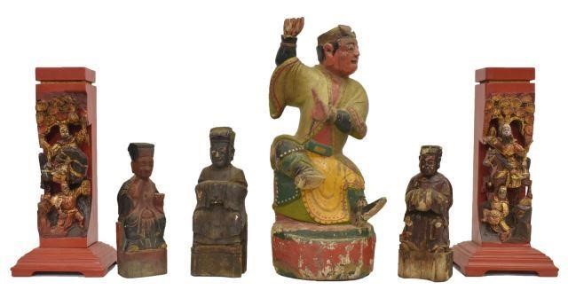 Appraisal: lot of Chinese carved wood temple figures and incense burners