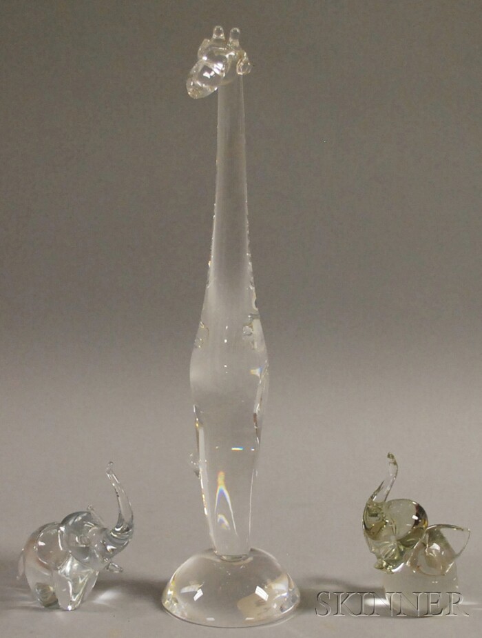 Appraisal: Steuben Glass Giraffe and Two Small Glass Elephants giraffe signed