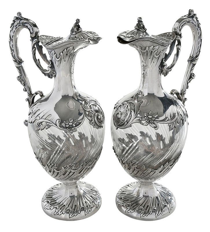 Appraisal: Pair of French Silver and Glass Ewers Paris late th