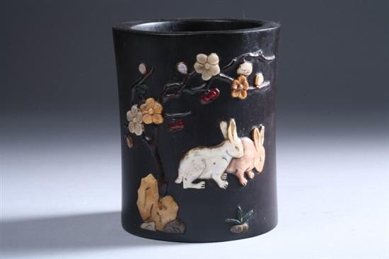 Appraisal: CHINESE WOOD BRUSH HOLDER early th century Inlaid with rabbit