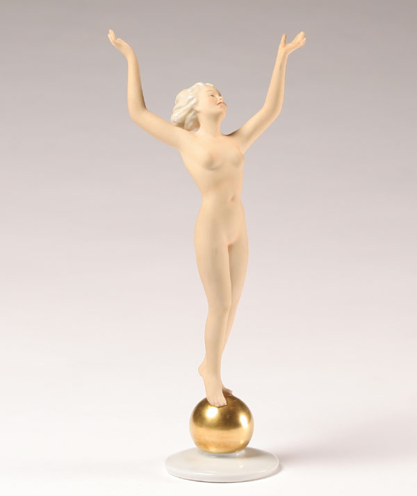 Appraisal: Schaubach Kunst porcelain nude female figure wistful blonde on gold