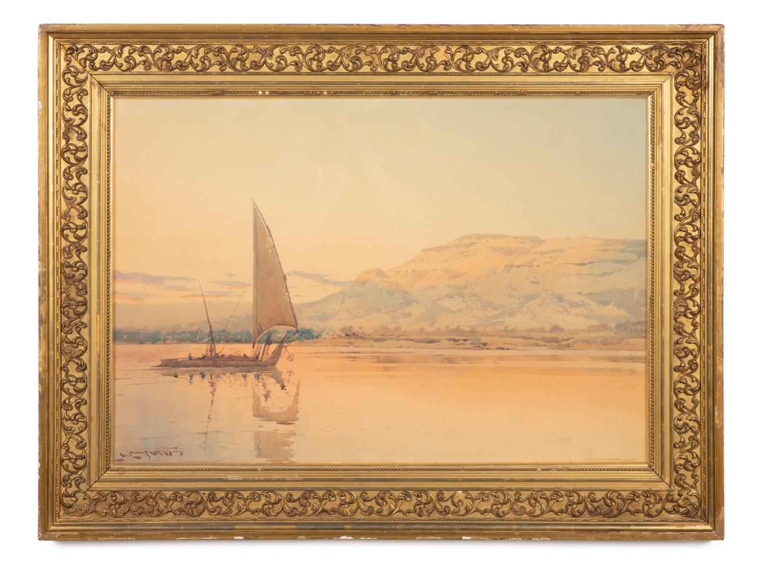 Appraisal: A O LAMPLOUGH EGYPTIAN RIVER SCENE WATERCOLOR Augustus Osborne Lamplough