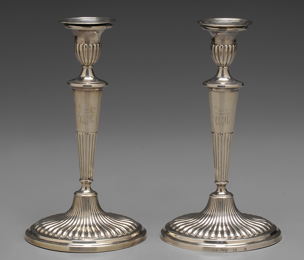 Appraisal: Pair George III Irish Silver Candlesticks Dublin oval with stop-reeded