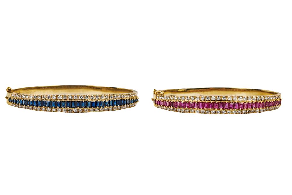 Appraisal: TWO KARAT YELLOW GOLD DIAMOND RUBY SAPPHIRE BANGLESthe ruby bangle