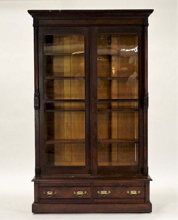 Appraisal: Victorian Black Walnut Step Back Bookcase Cabinet United States Circa