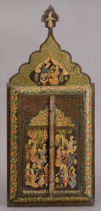 Appraisal: INDIAN PAINTED WOOD DOWER MIRROR The case with shaped crest