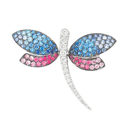 Appraisal: Diamond Ruby Pink Sapphire and Sapphire Dragonfly Clip-Brooch Estimate -