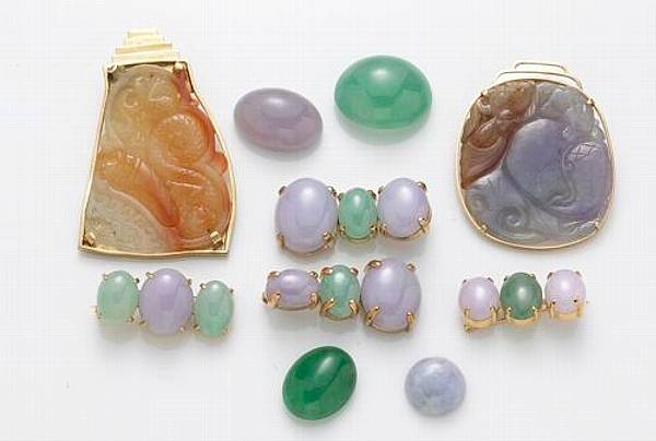 Appraisal: A collection of multi-colored jade and k gold jewelry including