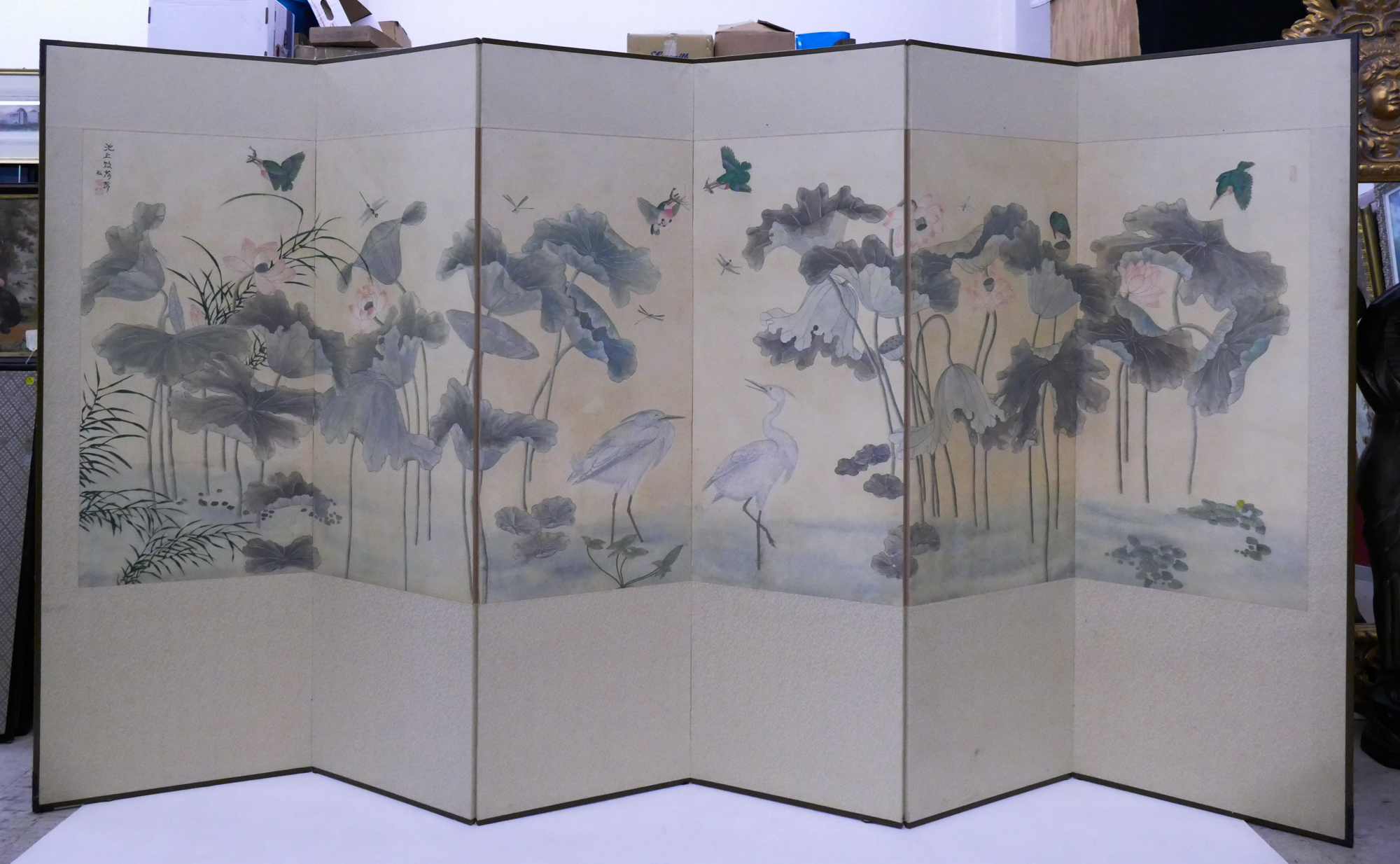 Appraisal: Korean Panel Painted Lotus Blossoms Birds Room Screen- x ''