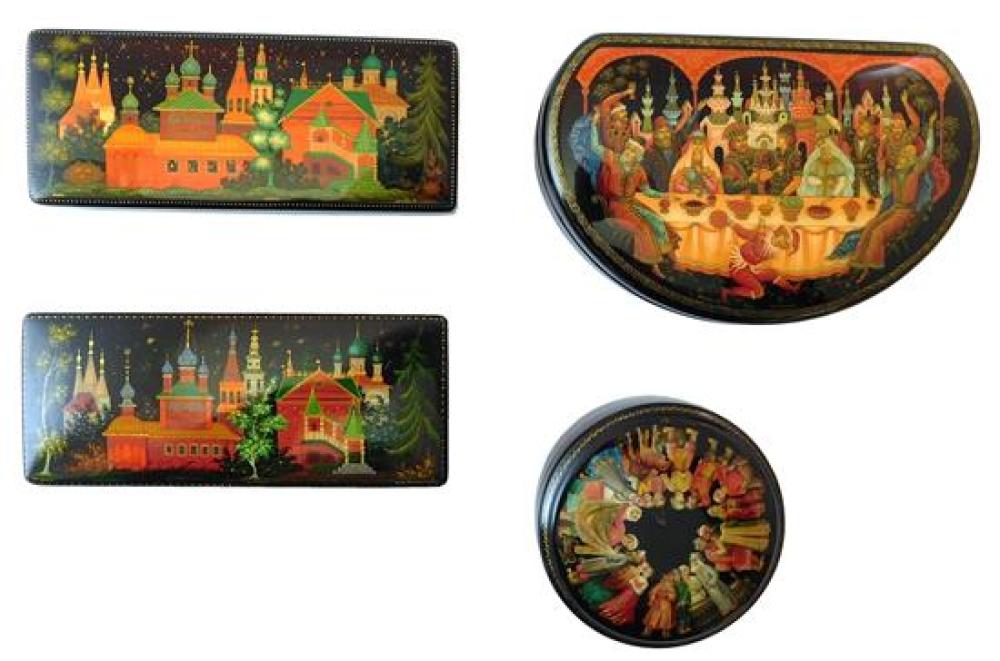 Appraisal: Russian hand-painted lacquer boxes group of four boxes two figural